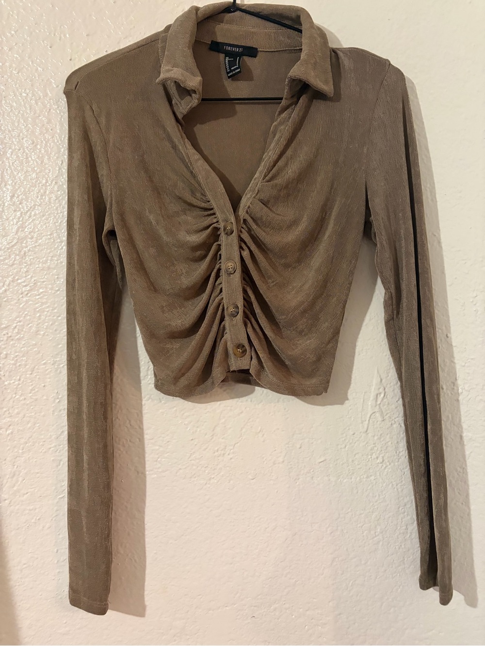 Forever 21 Taupe Ruched Button-Front Long Sleeve Top